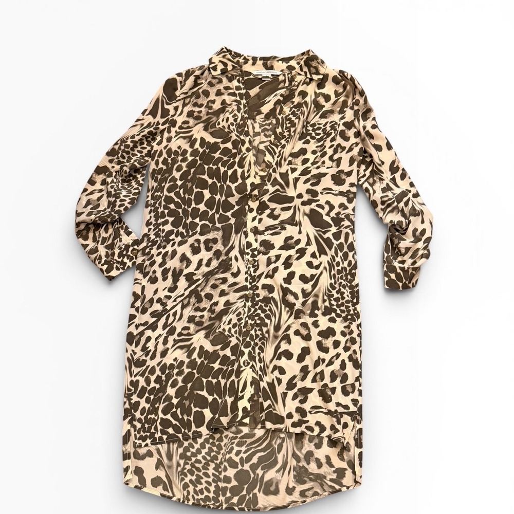 Diane von Furstenberg Brown Animal Print 100% Silk Button Down Shirt Dress SZ 4